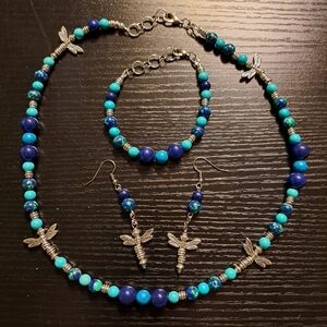 Turquoise, Lapis & Azurite Dragonfly Shades of Blue & Silver Jewelry Set